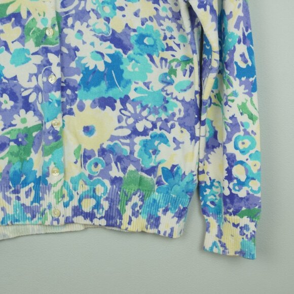 LL Bean‎ Floral Cardigan Sweater Pastel Blue Purple Yellow Green Size Medium - Picture 4 of 8